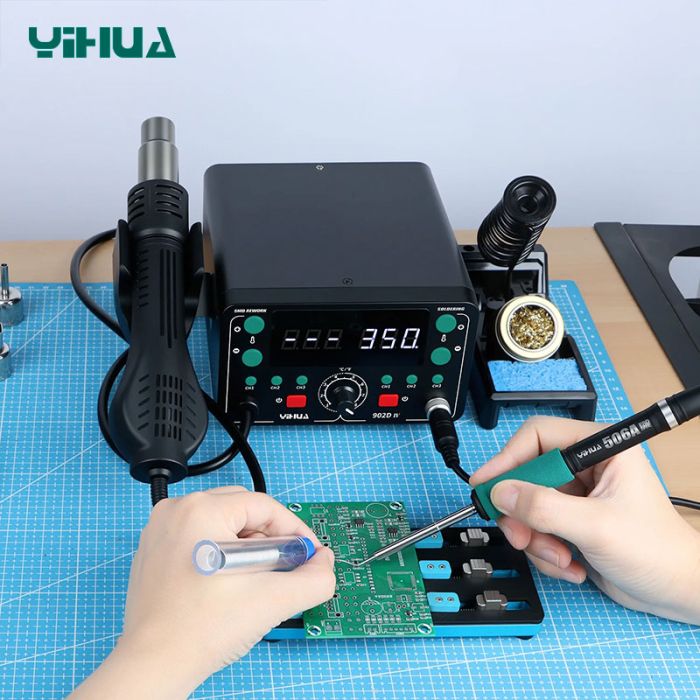 Паяльная станция 2 в 1 YIHUA 902D-IV / термофен + паяльник T12 / 3 канала памяти / 775 Вт