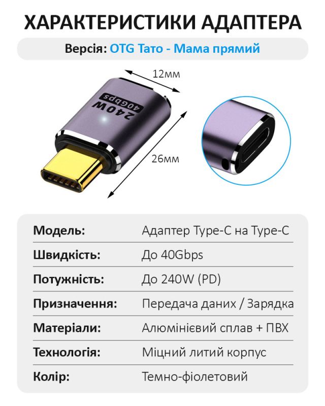 Перехідник Type-C на Type-C OTG адаптер (тато-мама) USB 4.0, 40 Гб/с, 240Вт, 8K, прямий