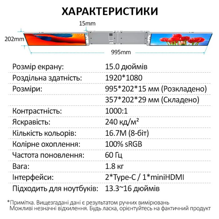 Монитор портативный W15FPC 15 дюймов с двойным дисплеем для ноутбуков / IPS / 1920x1080 / Type-C / HDMI