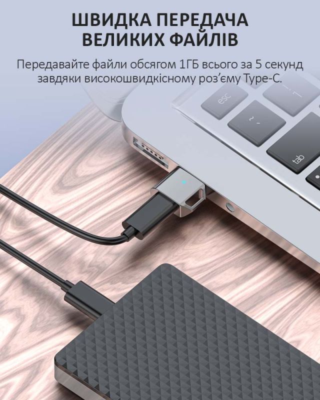 Перехідник USB 3.1 на Type-C / OTG адаптер (тато-мама) / PD, 10 Гб/с / Сріблястий