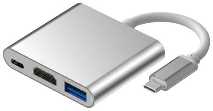 Перехідник OTG адаптер 3 в 1 / Type-C на HDMI + USB 3.0 + Type-C / PD 100 Вт / Білий