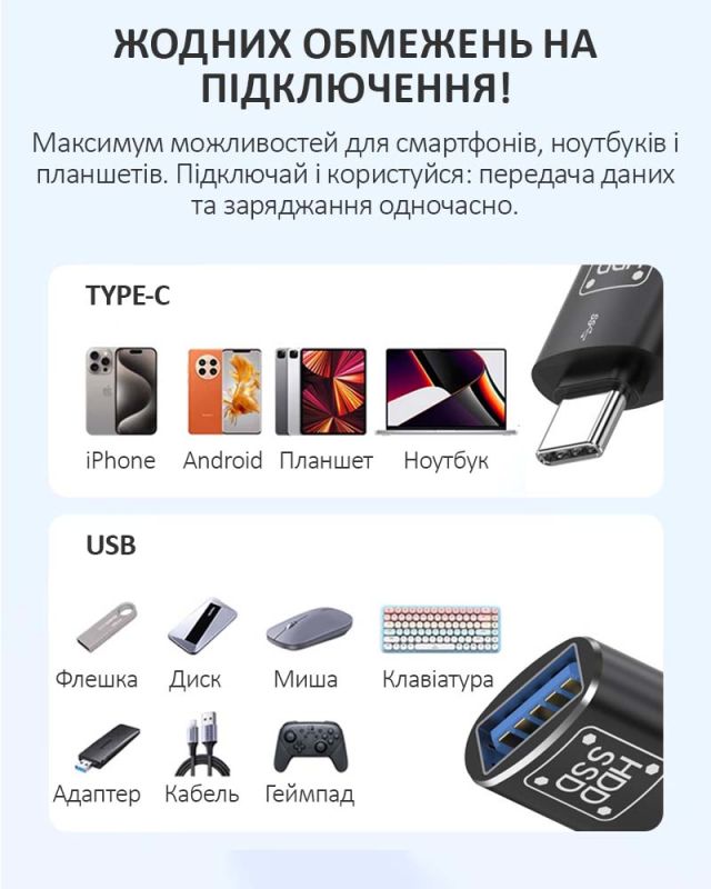Перехідник Type-C на USB 3.0 / OTG адаптер (тато-мама) Чорний