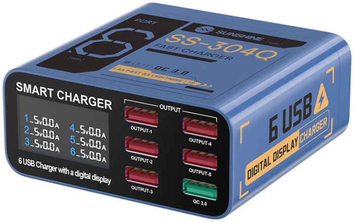Швидкий зарядний пристрій Sunshine SS-304Q 3.5A / 5xUSB / 1xUSB QC3.0 / 40W Blue