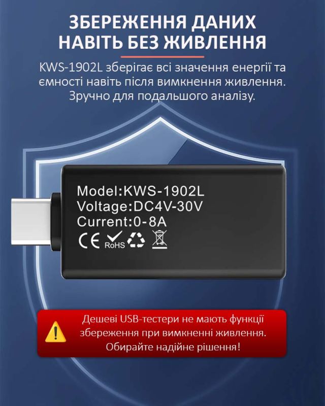 Багатофункціональний USB тестер KOWSI KWS-1902L Type-C / QC3.0 / 4-30V / 8A Чорний