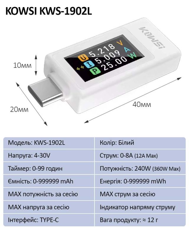 Багатофункціональний USB тестер KOWSI KWS-1902L Type-C / QC3.0 / 4-30V / 8A Білий