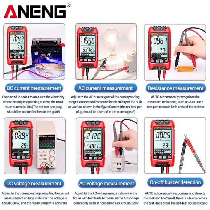 Мультиметр цифровой Aneng SZ01 карманный, True RMS, NCV, автоопределение, фонарик, LCD, 600В, 10A