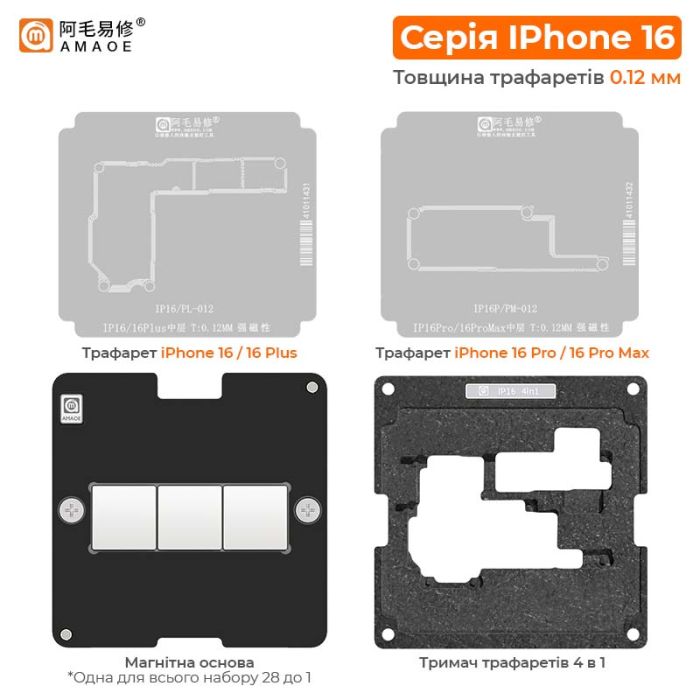 Набор 28 в 1 Amaoe X-16 BGA трафареты формы магниты для iPhone X / XS / 11 / 12 / 13 / 14 / 15 / 16 (0.12mm)