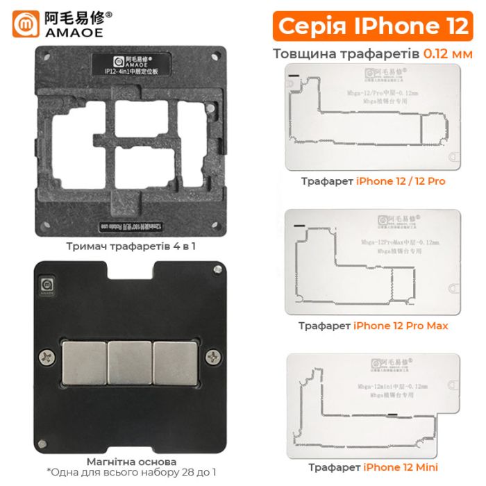 Набор 28 в 1 Amaoe X-16 BGA трафареты формы магниты для iPhone X / XS / 11 / 12 / 13 / 14 / 15 / 16 (0.12mm)