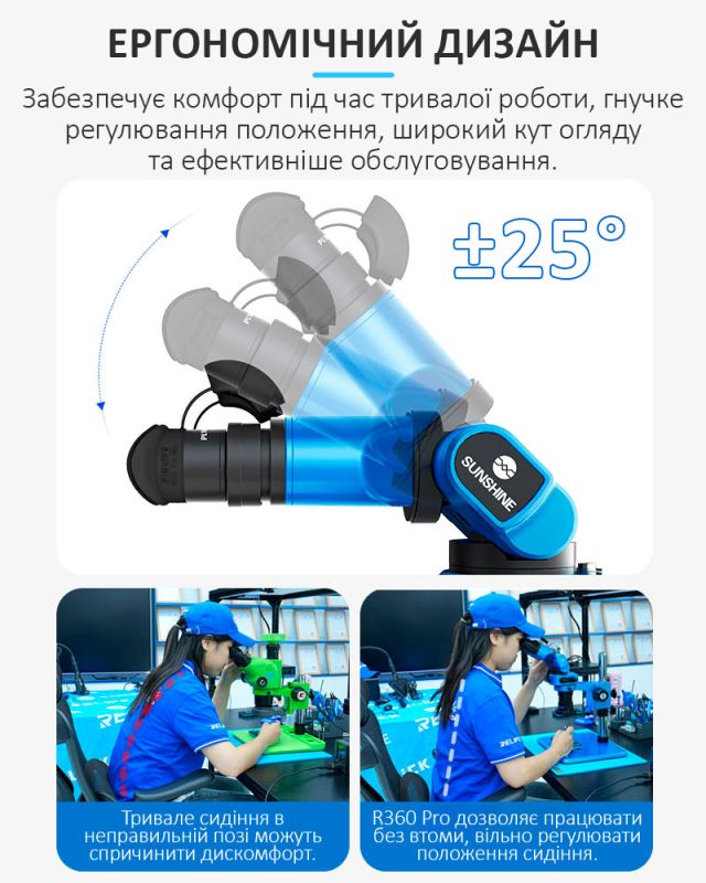 Микроскоп тринокулярный Sunshine R360 Pro / наклон окуляров ±25° / 0.7-5.8X / магнитная LED подсветка