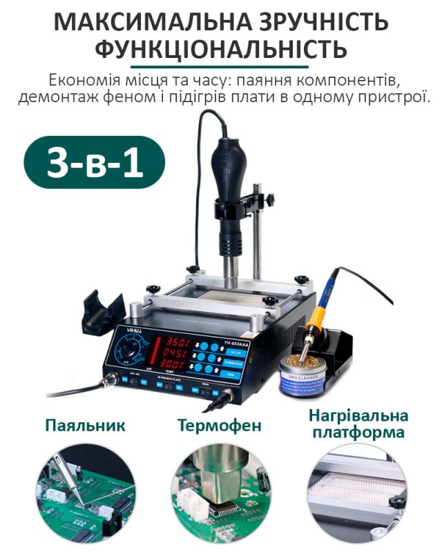 Паяльна станція 3 в 1 YIHUA 853AAA / фен + паяльник + ІК переднагрівач / LED дисплей / 1200 Вт