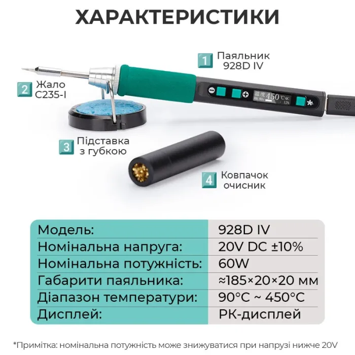 Паяльник прецизионный YIHUA 928D IV портативный / жало C235-I / 450°C / подставка с губкой / Type-C
