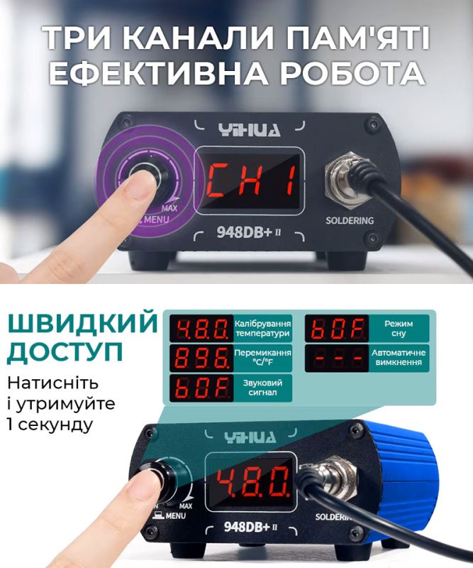 Паяльная станция YIHUA 948DB+ II / Жало T12 / 200-480°C / 3 канала памяти / 75 Вт