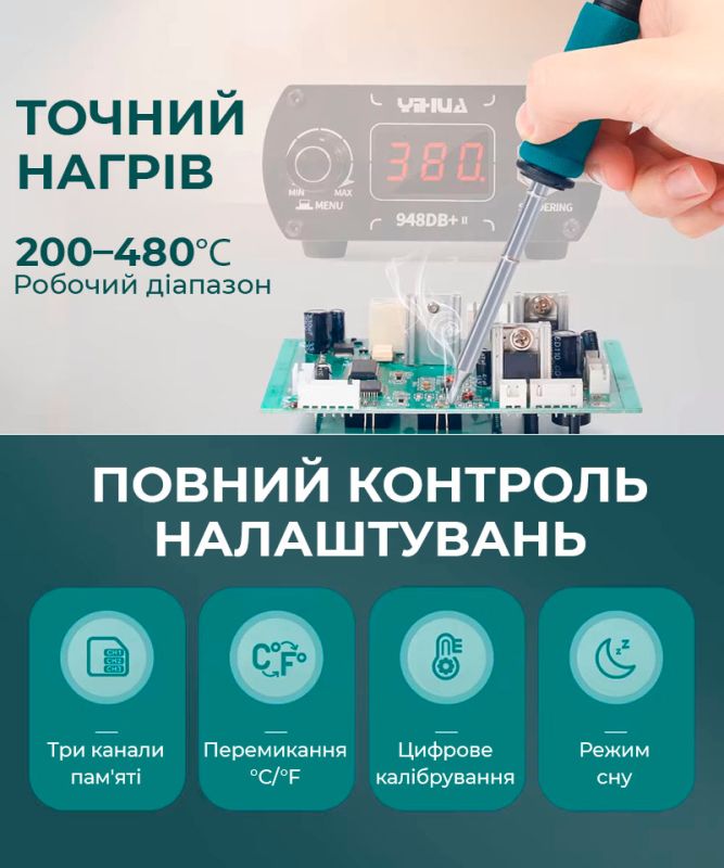 Паяльная станция YIHUA 948DB+ II / Жало T12 / 200-480°C / 3 канала памяти / 75 Вт