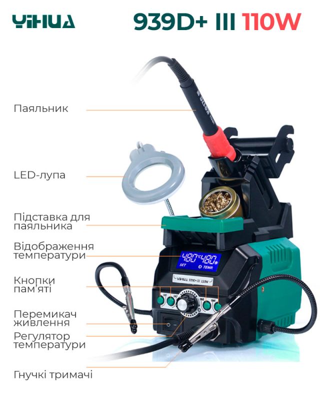 Паяльна станція YIHUA 939D+ III паяльник / 200-480°C / 4 канали пам'яті / 110 Вт