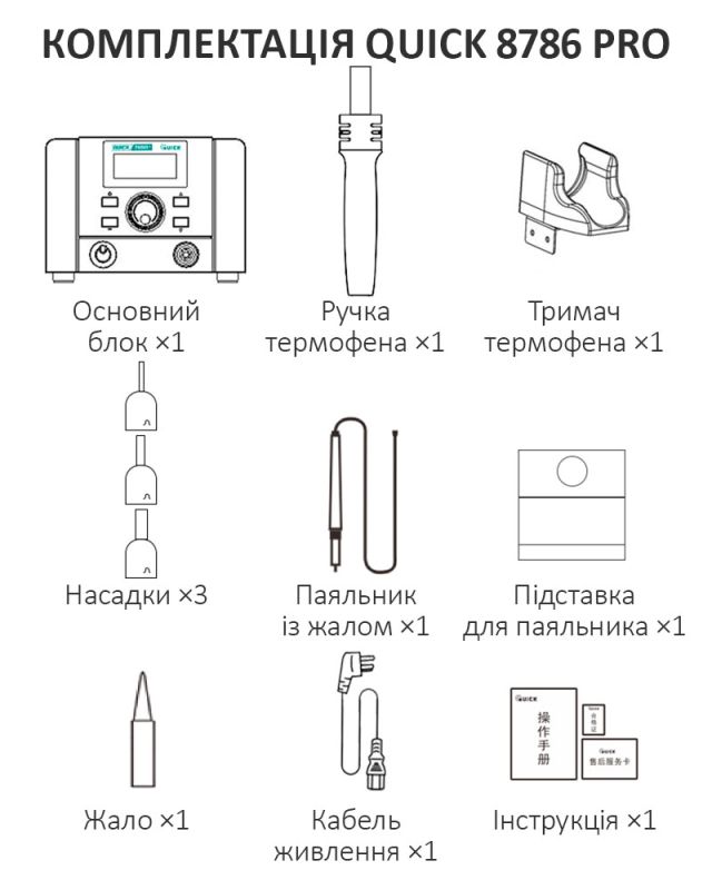 Паяльна станція 2 в 1 QUICK 8786 Pro / термофен + паяльник / 100-500°C / 40 л/хв / 700 Вт