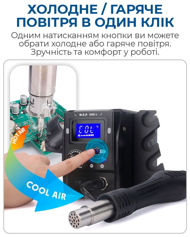 Термоповітряна паяльна станція WEP 959D II термофен / 100-480°С / 120 л/хв / 5 насадок / 700 Вт