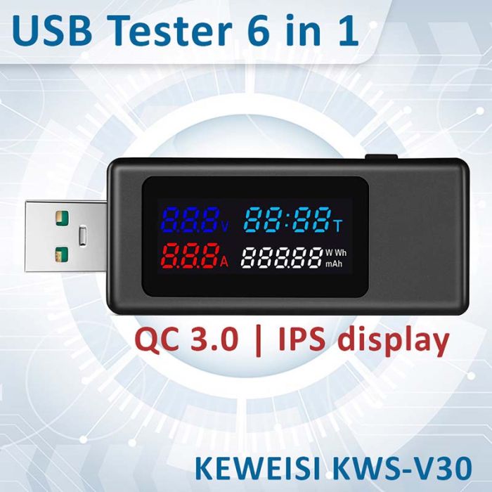 USB тестер тока напряжения емкости KEWEISI KWS-V30 QC3.0 / 4-30V / 195W / 6.5A Black