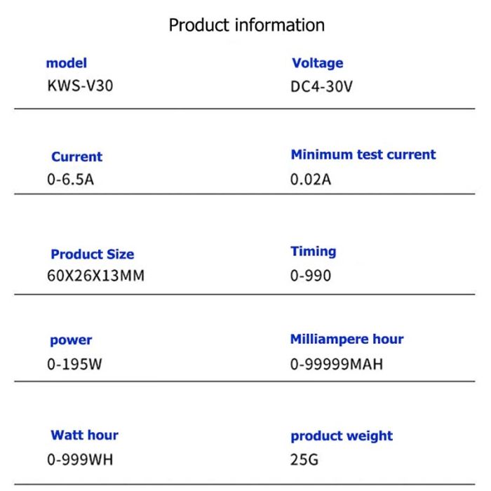 USB тестер тока напряжения емкости KEWEISI KWS-V30 QC3.0 / 4-30V / 195W / 6.5A Black