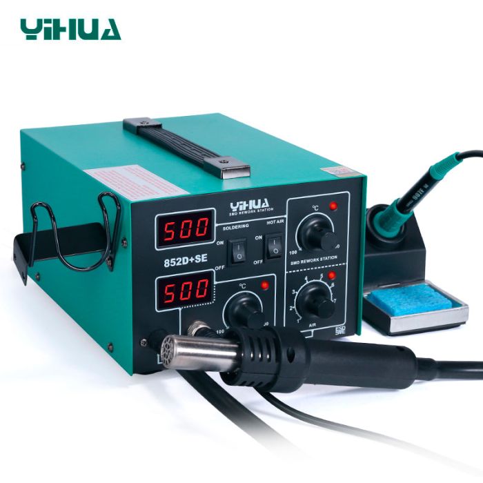 Паяльна станція 2 в 1 YIHUA 852D+SE pump / термофен + паяльник / компресор / 4 насадки / 650 Вт