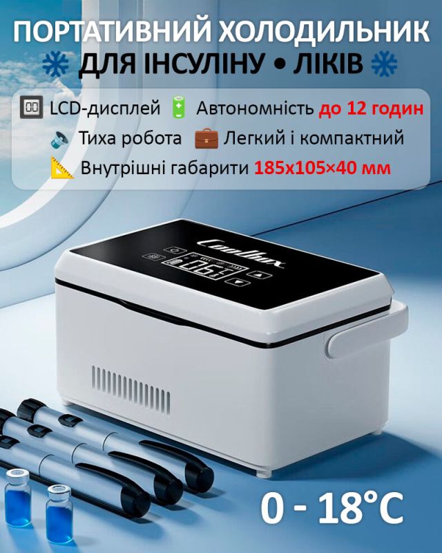 Медичний портативний міні холодильник Coolbox CL-A08 для ліків, інсуліну / сумка / USB / 220V / 2xАКБ