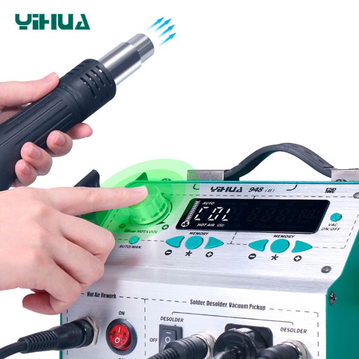 Паяльная станция 4 в 1 YIHUA 948-II / паяльник + термофен + оловоотсос + вакуумный пинцет / 780 Вт