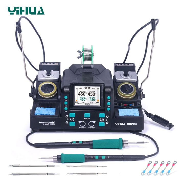 Паяльная станция 2 в 1 YIHUA 982D-II / 2 паяльника C210 + C245 / 3+3 канала памяти / 90-450°C / 160 Вт