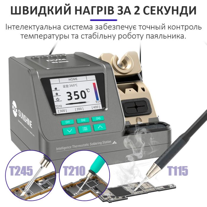 Паяльная станция 3 в 1 GVM H3 / 3 паяльника T115 + T210 + T245 / 3 канала памяти / 100-480°C / 80 Вт