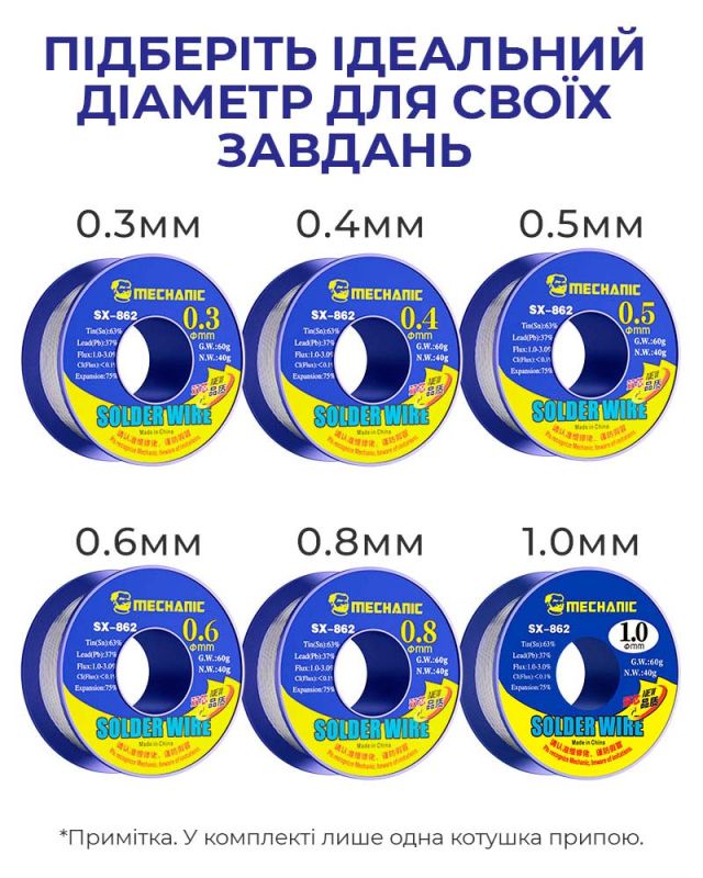 Припій для паяння Mechanic SX862 з каніфольним осердям / Sn 63%, Pb 37% / 60 г / 0.4 мм