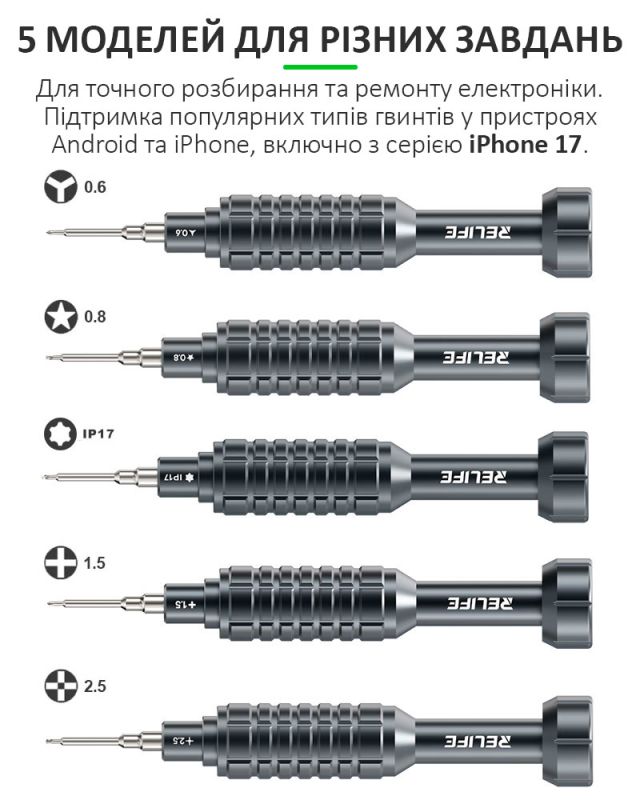 Набор отверток Relife RL-730A / прецизионные / для ремонта (Y0.6 / ★0.8 / ➕1.5 / iP2.5 / iP17) 5 шт.