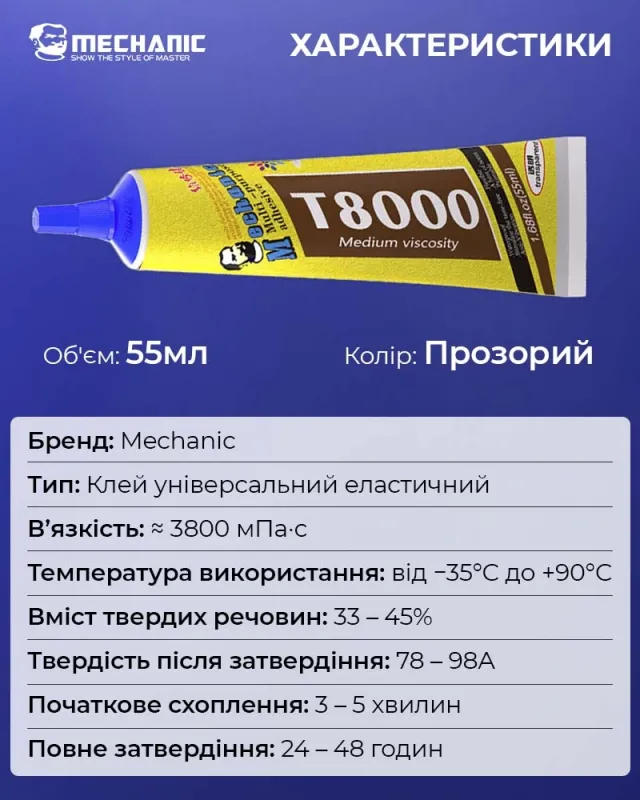 Клей силіконовий Mechanic T8000 / універсальний герметик для ремонту з дозатором / прозорий 55 ml