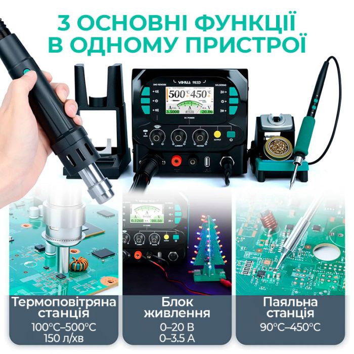 Паяльная станция 3 в 1 YIHUA 983D / фен 150 л/мин. 500°C, 2 паяльника С210 + C245 450°C, БП 20В 3.5A, 1300 Вт
