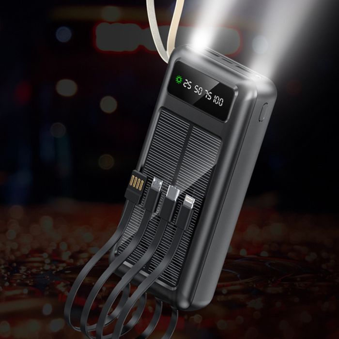 Power bank XIYT Y110 30000 mah + кабель 4 в 1 USB/Micro/Type-C/Lightning/Фонарик/Солнечная панель Black
