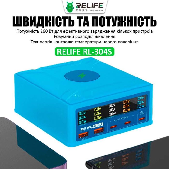 Быстрое зарядное устройство Relife RL-304R / беспроводная зарядка QI 15W / 2xUSB / 3xUSB Type-C PD3.1 / 260W