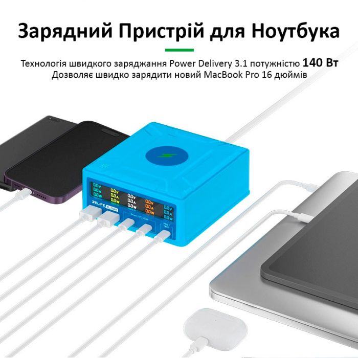 Быстрое зарядное устройство Relife RL-304R / беспроводная зарядка QI 15W / 2xUSB / 3xUSB Type-C PD3.1 / 260W