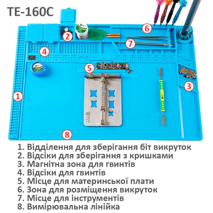 Силиконовый коврик TE-160C / мат термостойкий для пайки, ремонта техники / 450x300 мм Blue