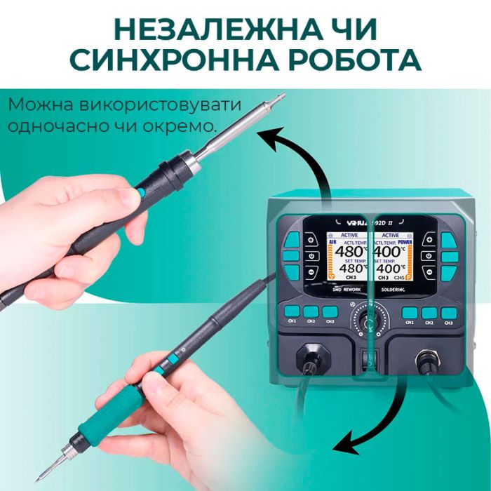 Паяльная станция 2 в 1 YIHUA 992D-II / прецизионный термофен + паяльник C210 / 90-450°C / 10 л/мин / 210 Вт