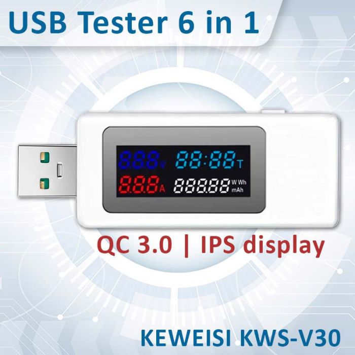 USB тестер тока напряжения емкости KEWEISI KWS-V30 QC3.0 / 4-30V / 195W / 6.5A White