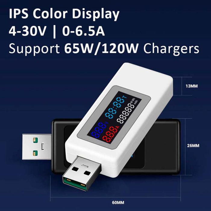 USB тестер тока напряжения емкости KEWEISI KWS-V30 QC3.0 / 4-30V / 195W / 6.5A White