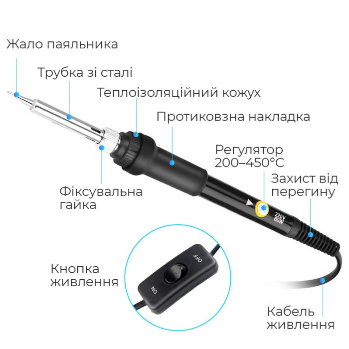 Паяльник SL-908 с регулировкой температуры 200 - 450°С / кнопка включения / жало 900М / 60 Вт Синий