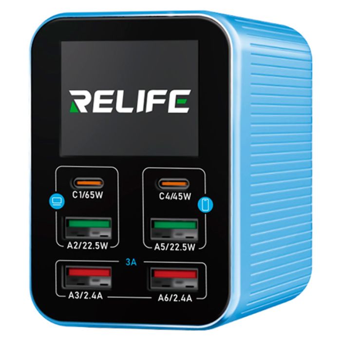 Быстрое зарядное устройство RELIFE Q4 / 2xUSB QC / 2xType-C PD / TFT дисплей / 72W Max / Blue
