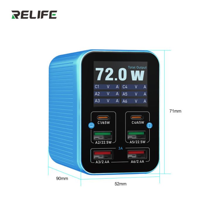 Быстрое зарядное устройство RELIFE Q4 / 2xUSB QC / 2xType-C PD / TFT дисплей / 72W Max / Blue