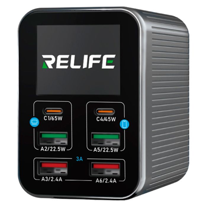 Швидкий зарядний пристрій RELIFE Q4 / 2xType-C PD / 2xUSB QC / TFT дисплей / 72W Max / Grey