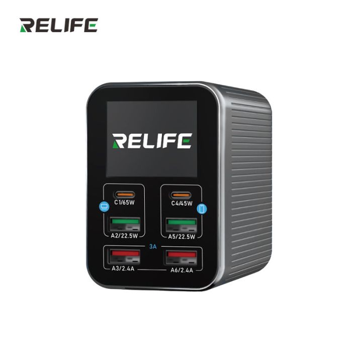 Швидкий зарядний пристрій RELIFE Q4 / 2xType-C PD / 2xUSB QC / TFT дисплей / 72W Max / Grey