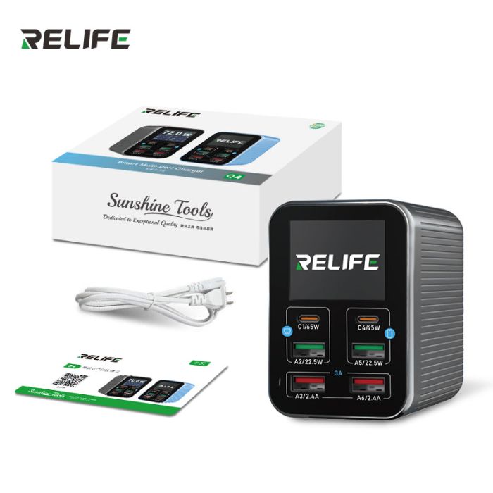 Швидкий зарядний пристрій RELIFE Q4 / 2xType-C PD / 2xUSB QC / TFT дисплей / 72W Max / Grey