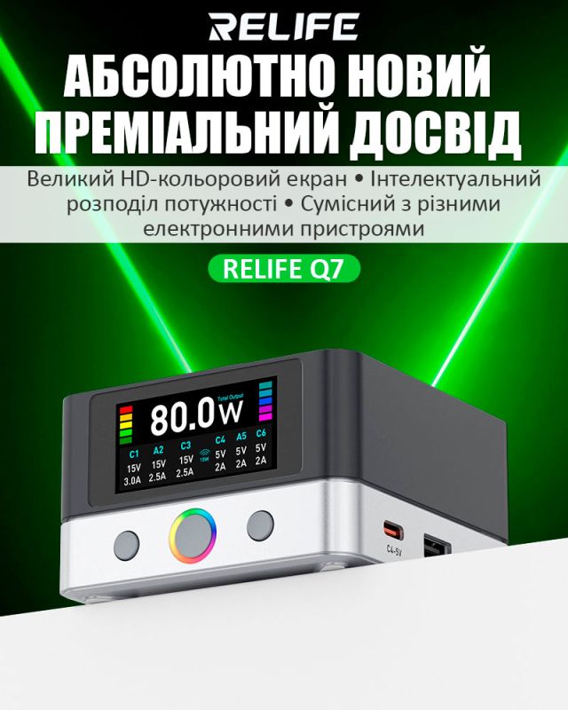 Швидкий зарядний пристрій RELIFE Q7 / 4xUSB Type-C / 2xUSB / Бездротова зарядка / 80 Вт Max