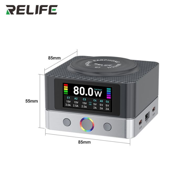 Швидкий зарядний пристрій RELIFE Q7 / 4xUSB Type-C / 2xUSB / Бездротова зарядка / 80 Вт Max