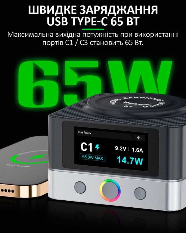 Швидкий зарядний пристрій RELIFE Q7 / 4xUSB Type-C / 2xUSB / Бездротова зарядка / 80 Вт Max