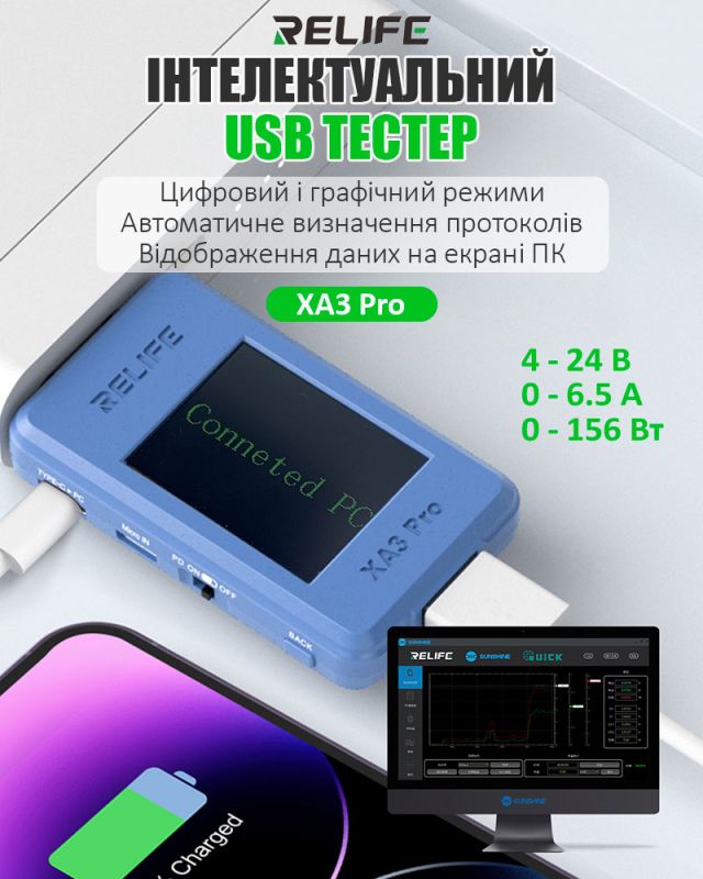 Многофункциональный USB тестер RELIFE XA3 Pro / 1.77'' / Type-C / Синхронизация с ПК / 4-24В / 6.5A