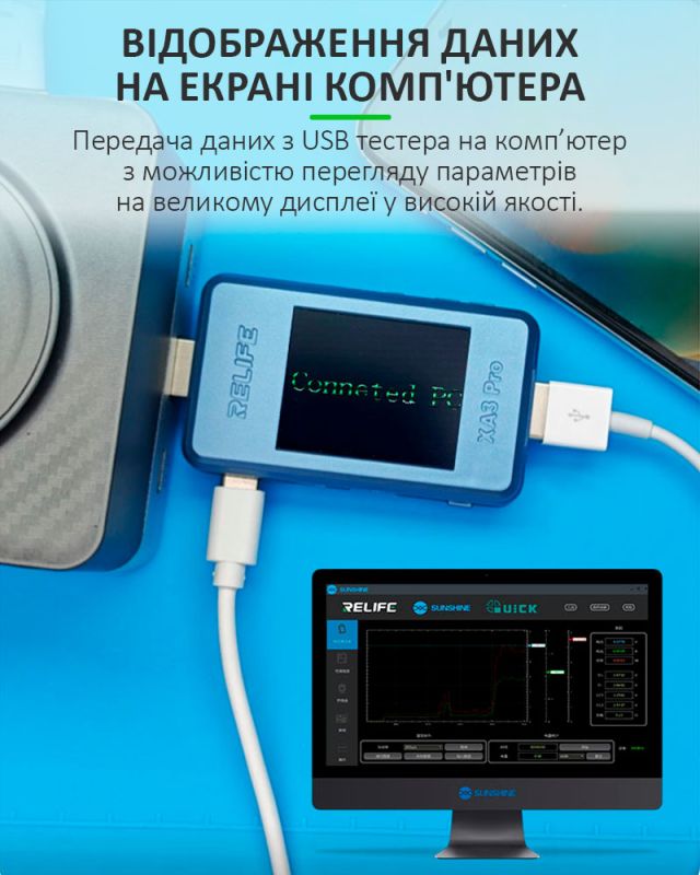 Многофункциональный USB тестер RELIFE XA3 Pro / 1.77'' / Type-C / Синхронизация с ПК / 4-24В / 6.5A
