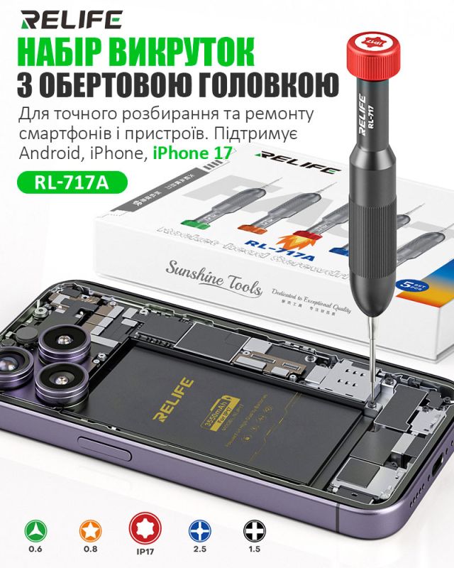 Набір викруток Relife RL-717A / прецизійні / для ремонту (Y0.6 / ★0.8 / ➕1.5 / iP2.5 / iP17) 5 шт.
